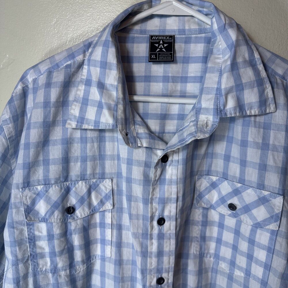 Avirex XL Blue Check Short Sleeve Shirt Y2K Men’s Pocket Button Up